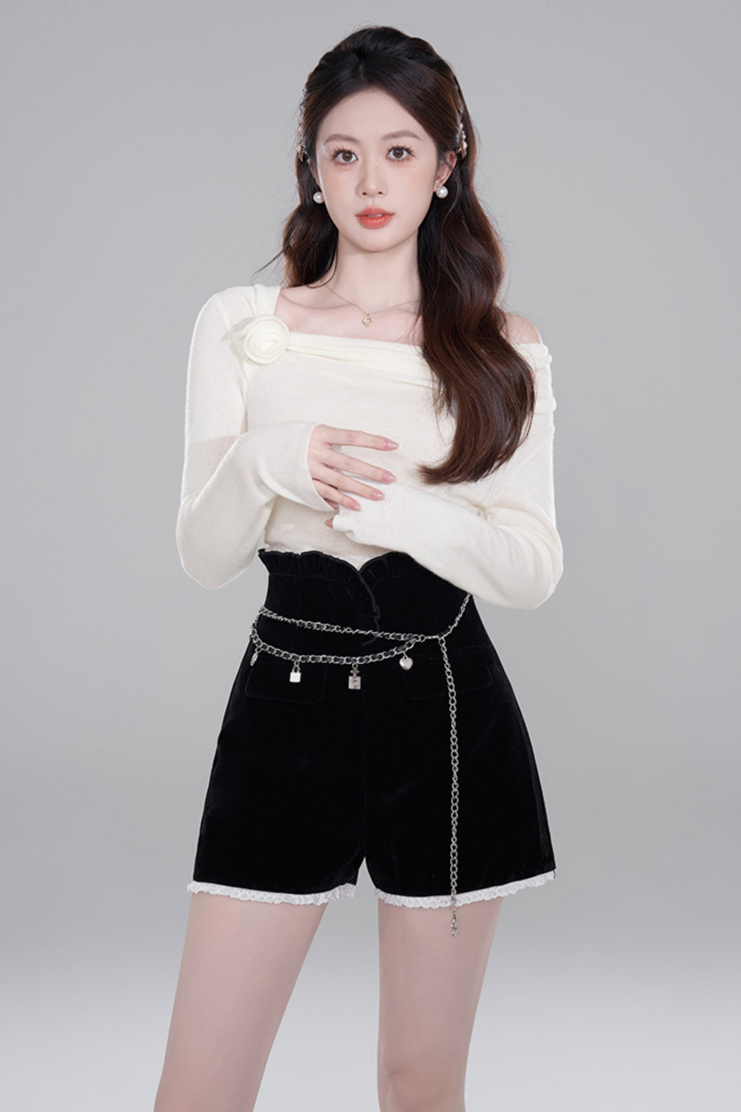 One Shoulder Color Knit Sweater Set