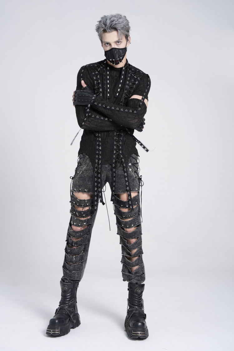 Black Long Sleeves Strap Lace-up Irregular Mesh Gothic T-shirt