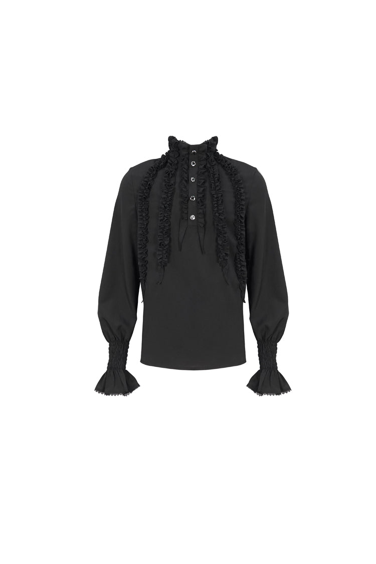 Black Irregular Stand Collar Puff Sleeved Ruffled Gothic Shirt