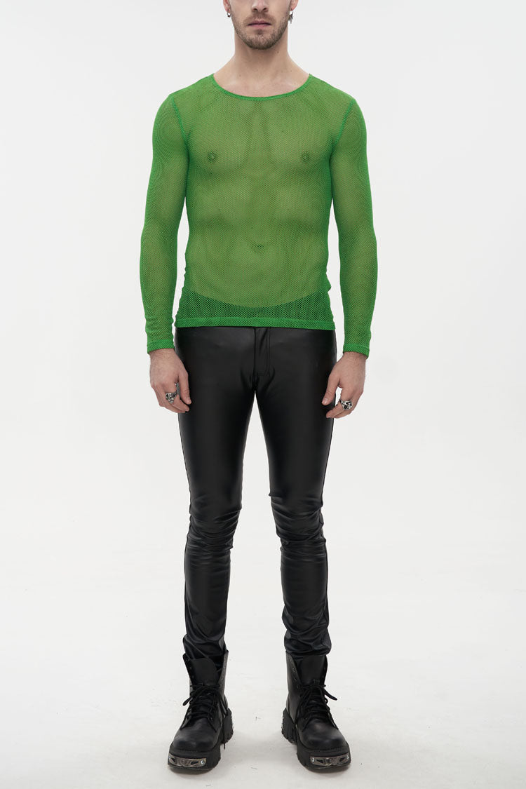 Green Elasticity High Neck Long Sleeve Mesh Gothic T-shirt