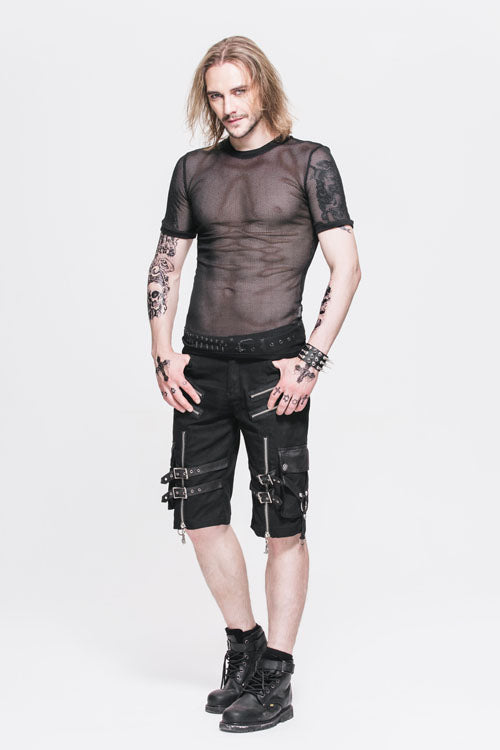 Black Diamond Shaped Mesh Round Neck Short Sleeves Punk Tops T-shirt