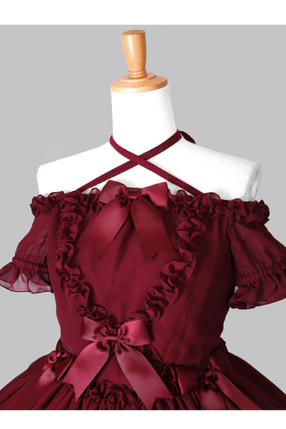 Chiffon Binding Strap Short Sleeves Boat Neck Classic Lolita Dress