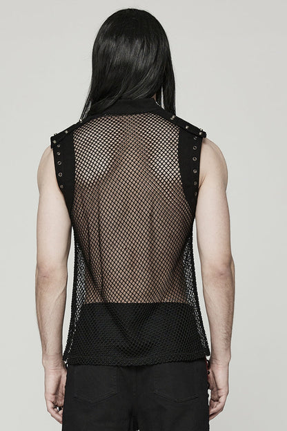 High Collar Sleeveless Rivet Decoration Sheer Mesh Steampunk Vest 2 Colors