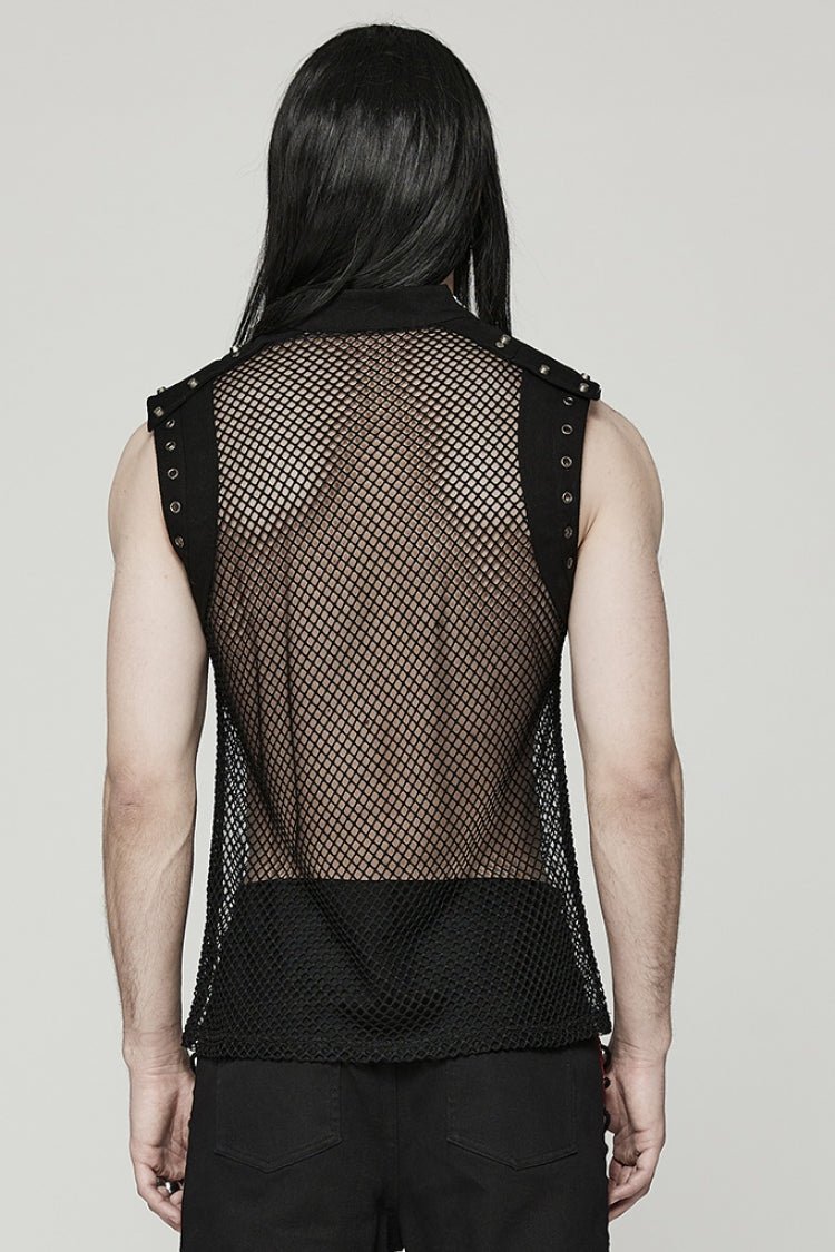 High Collar Sleeveless Rivet Decoration Sheer Mesh Steampunk Vest 2 Colors