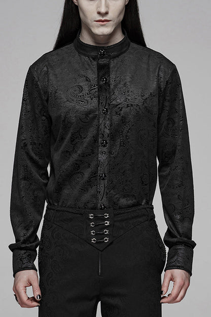 Black Stand Up Collar Long Sleeve Front Gemstone Button Print Gothic Shirt
