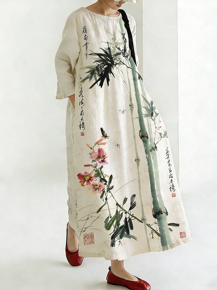 Comstylish Japanese Art Bamboo Pattern Retro Women's Dress