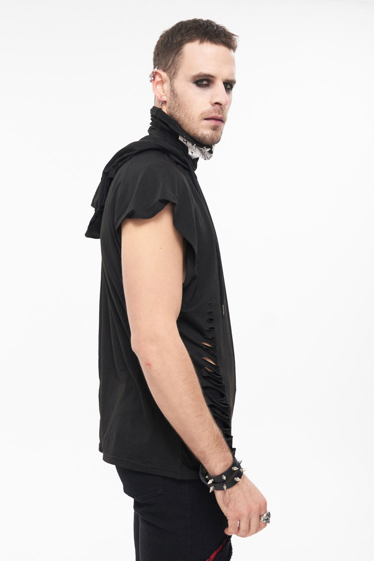 Black Skull Print Super High Neck Masked Rivet Hole Hooded Short Sleeve Punk T-shirt