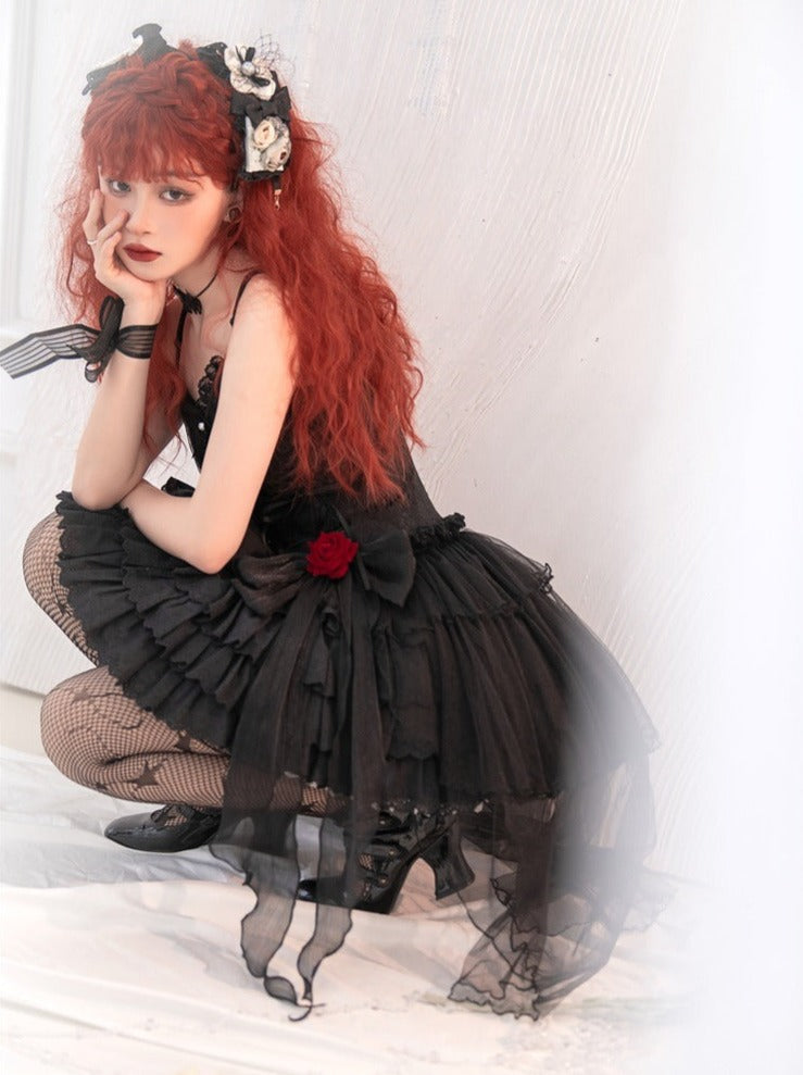 Rose Ribbon Tulle Lace Up Tiered Cami Dress