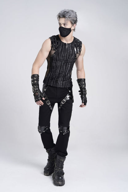 Black Sleeveless Ribbed Print Stitching Mesh Zipper Gothic Vest