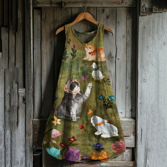 Abstract Creative Cute Cats And Farm Family Art Linen Blend Tank Dress elevenforest
