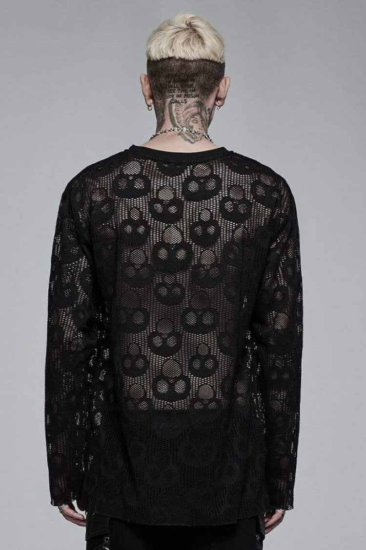 Black Long Sleeves Skull Print Lace Sheer Mesh Steampunk T-shirt