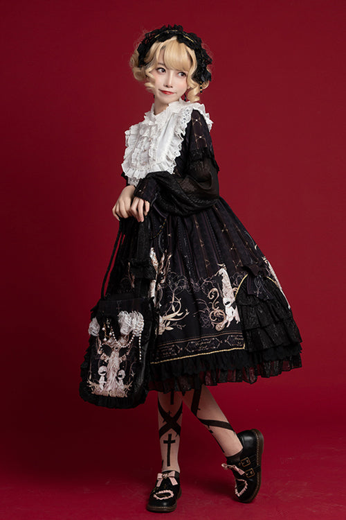 Round Collar Ruffled Long Sleeves Reunion World Print Classic Lolita Op Dress