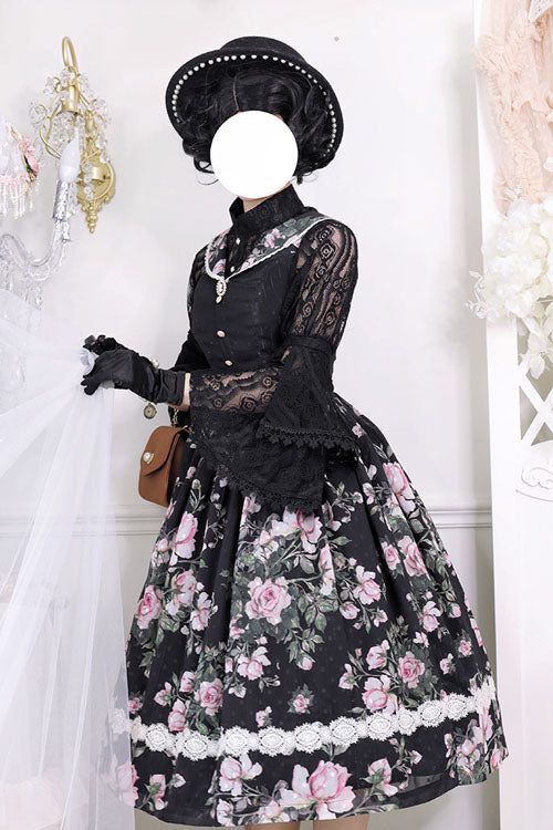 Black French Rose Print V Collar Sleeveless Ruffled Classic Lolita Jsk Dress