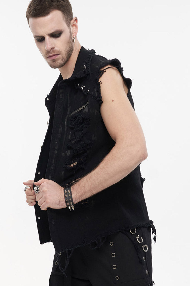 Black Punk Standing Collar Irregular Hand-painted Sleeveless Metal Decoration Tattered Shirt