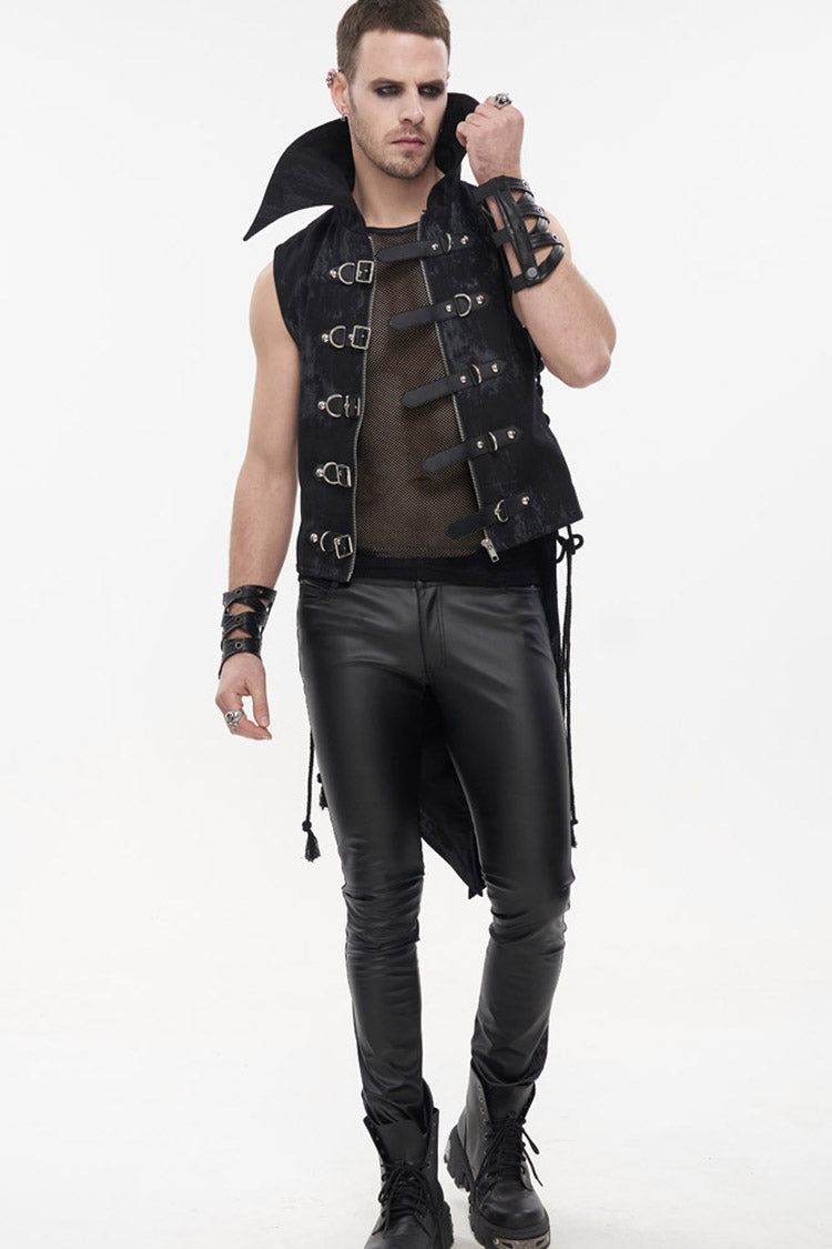 Black Punk Irregular Print D-shaped Buckle Decoration Waist Side Slits Tied Rope Tight Zipper Dovetail Vest