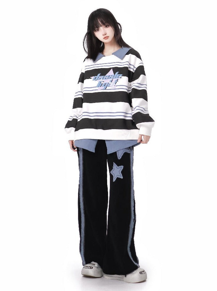 Star Striped Top + Asymmetric Skirt + Loose Long Pants
