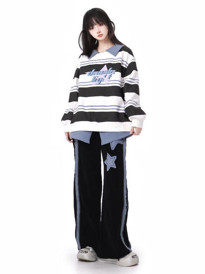 Star Striped Top + Asymmetric Skirt + Loose Long Pants