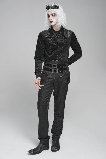 Black Lapel Collar Long Sleeves Print Embroidery Lace-up Gothic Blouse