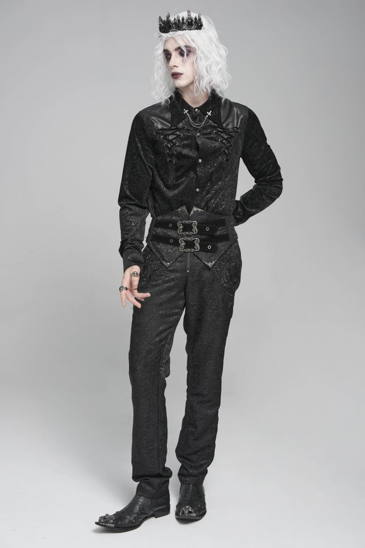 Black Lapel Collar Long Sleeves Print Embroidery Lace-up Gothic Blouse