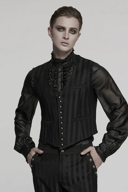 Black V Collar Sleeveless Striped Print Buckle Punk Vest