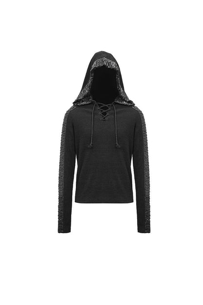 Black Chest Lace Up Vertical Stripes Woolen Splice Bright Crimped Fabric Hooded Punk T-shirt