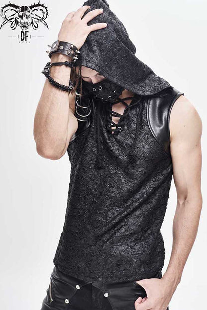 Black Hooded Tattered Chest Lace Up Metal Buckle Knit Punk Vest
