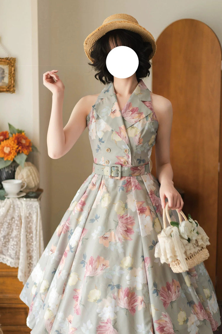 [afternoon Forest] French Audrey Hepburn Style V Collar Sleeveless Printed Classic Lolita Dress 3 Colors