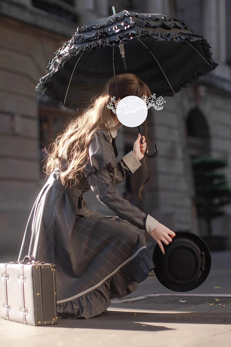 Grey Plaid Print Ruffle Bowknot Classic College Style Lolita Dress