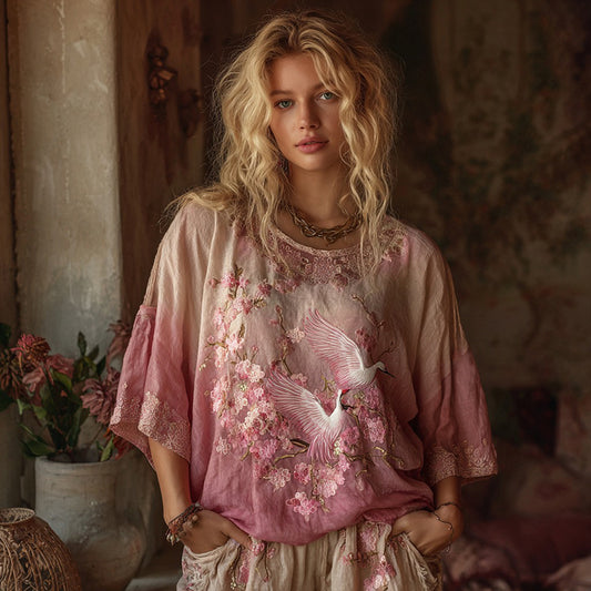 Vintage Crane Cherry Blossom Gradient Art Linen Three-quarter Sleeves Shirts elevenforest