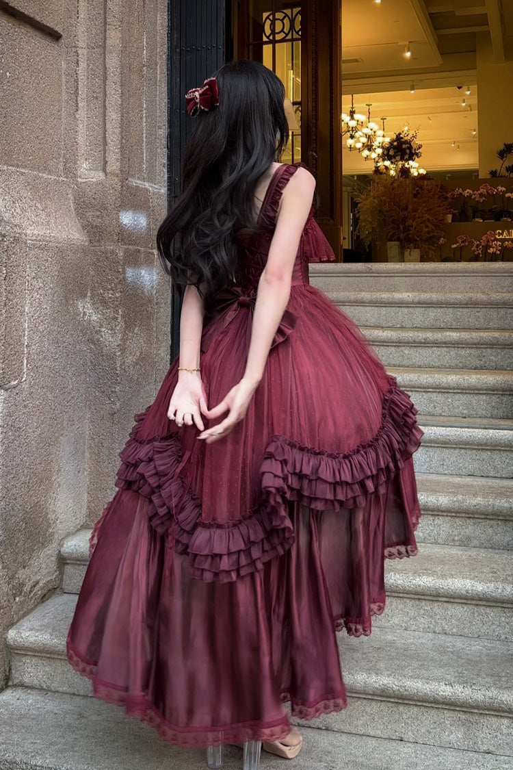 Red Square Collar Sleeveless Ruffled Bow Lace-up Classic Princess Lolita Jsk Dress