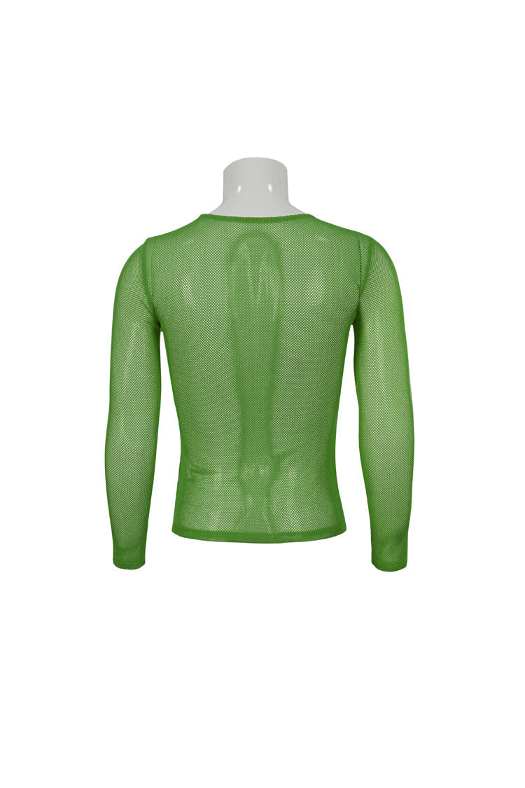 Green Elasticity High Neck Long Sleeve Mesh Gothic T-shirt