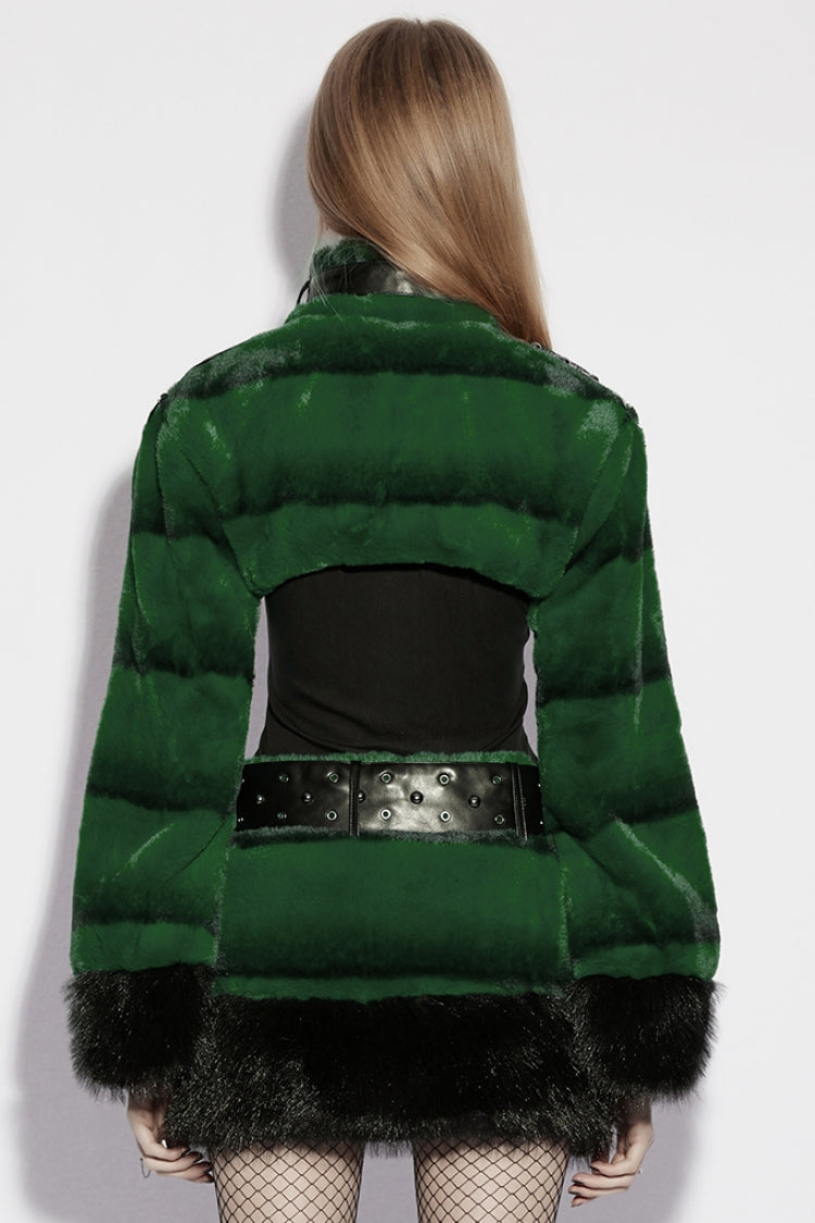 Green Stand Collar Long Sleeves Buckle Straps Faux Fur Punk Short Cloak