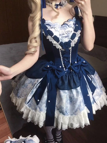[pre-order Deadline: May 6] Dark Blue Moonlight Sea Lace Ribbon Layered Dress + Accessories