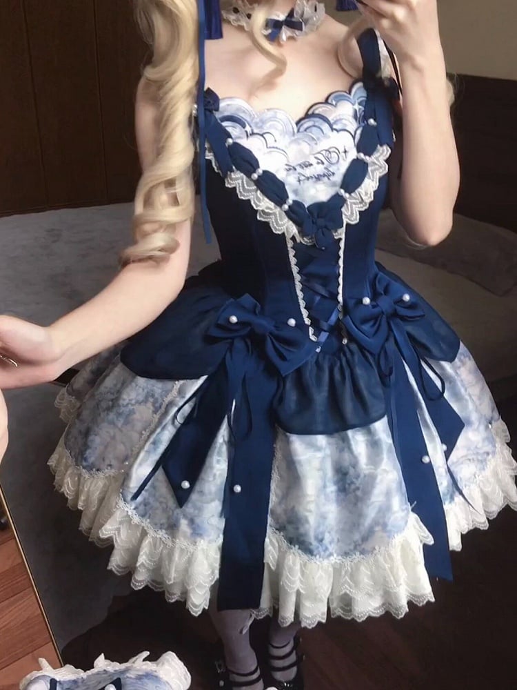 [pre-order Deadline: May 6] Dark Blue Moonlight Sea Lace Ribbon Layered Dress + Accessories