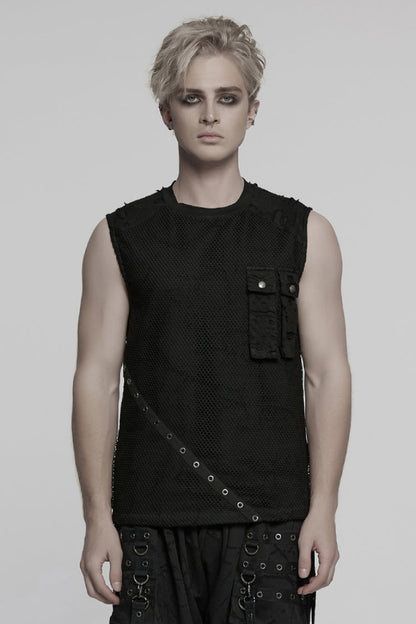 Black Round Collar Sleeveless Stitching Mesh Ripped Punk Vest