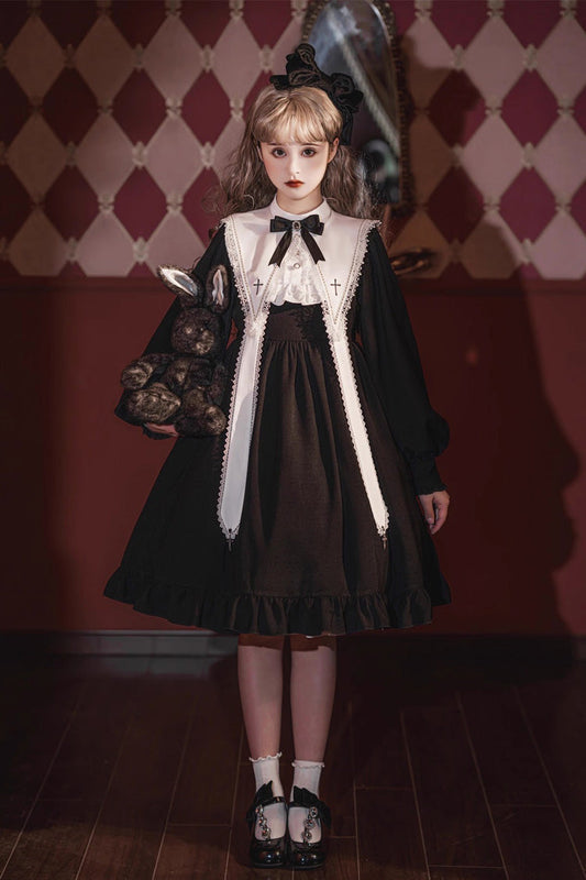 Black Long Sleeves Ruffle Bowknot Classic Gothic Nun Lolita Dress