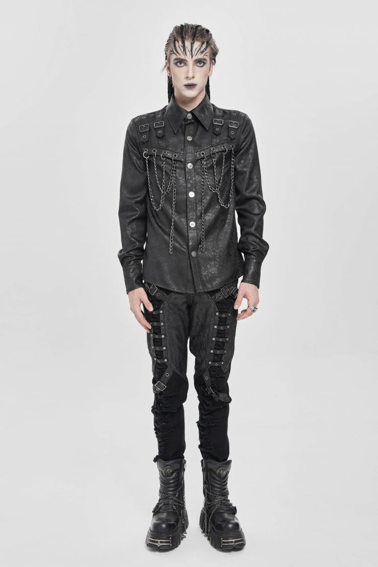 Black Lapel Collar Long Sleeves Buckled Strappy Chain-decorated Punk Shirt