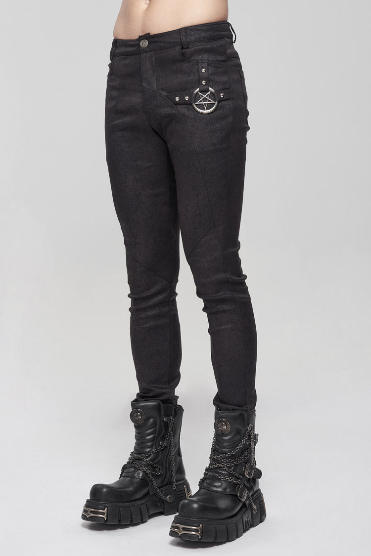 Black Basic Funds Metal Pentagram Crackle Punk Slim Pants