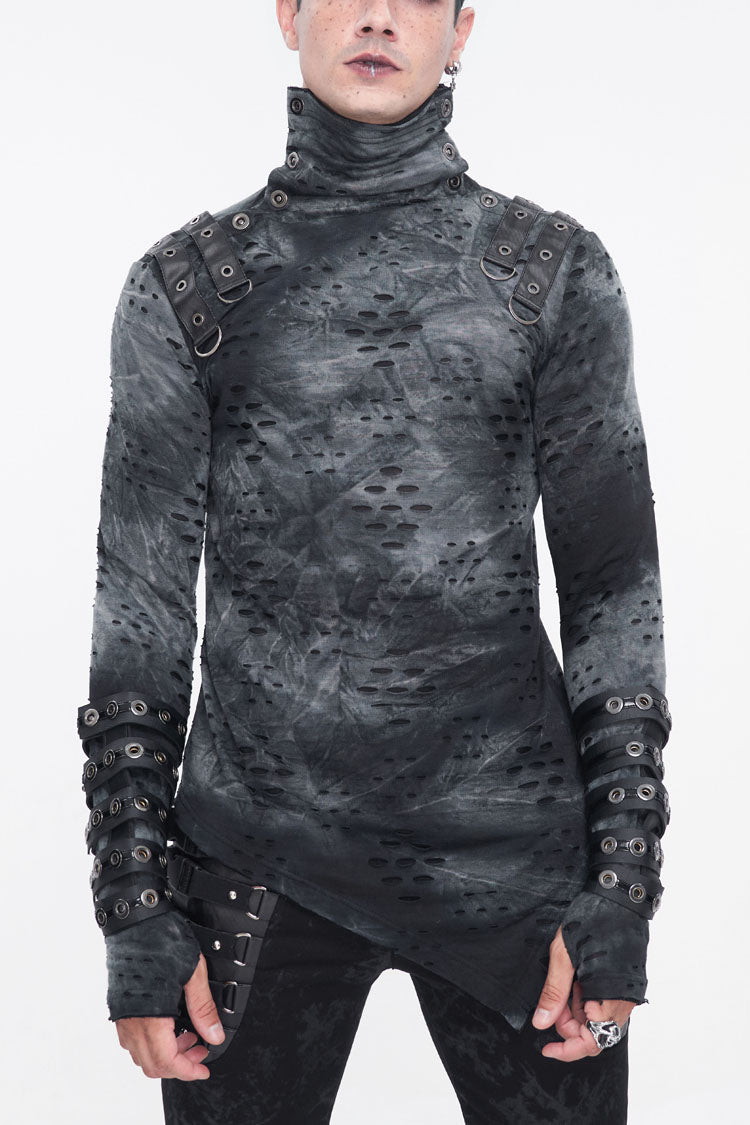 Grey/black Lrregular Ripped Stand Collar Punk Shirt
