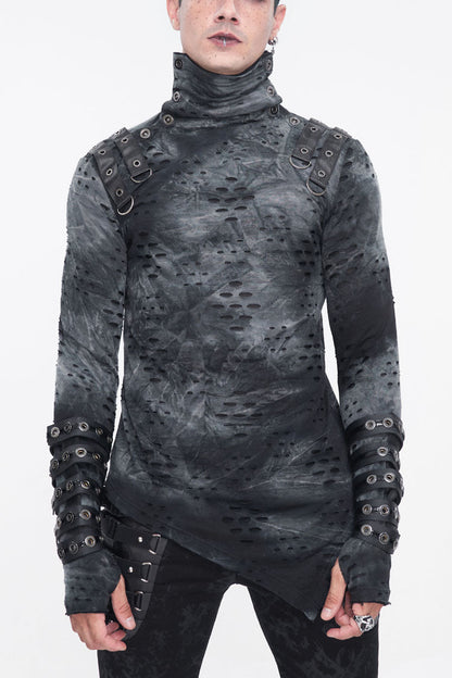 Grey/black Lrregular Ripped Stand Collar Punk Shirt