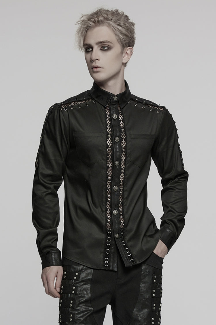 Black Lapel Collar Long Sleeves Stitching Mesh Punk Blouse