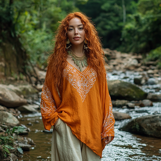 Bohemian Tribal Embroidery Print Cotton And Linen Blend Loose Blouse elevenforest