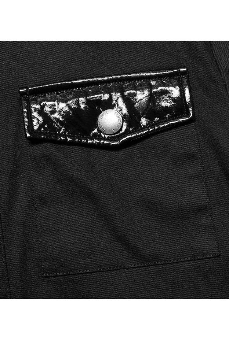 Black Punk Elastic Cotton Twill Fabric Spliced Diamond Mesh Asymmetrical Personality Short Sleeve Shirt