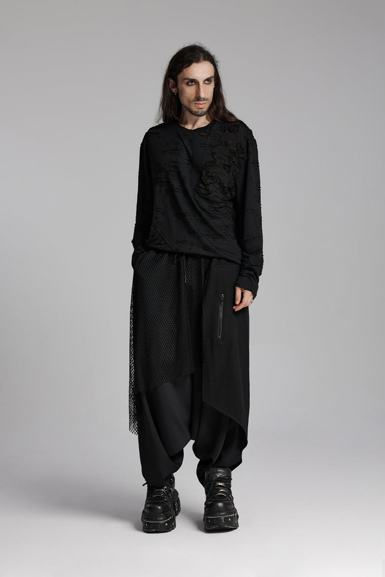 Black Round Collar Long Sleeves Ripped Mesh Punk T-shirt