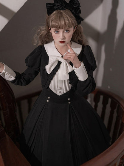 Lantern Sleeve Ruffle Short Jacket With Ribbon + Back Ribbon Suspender Dress
