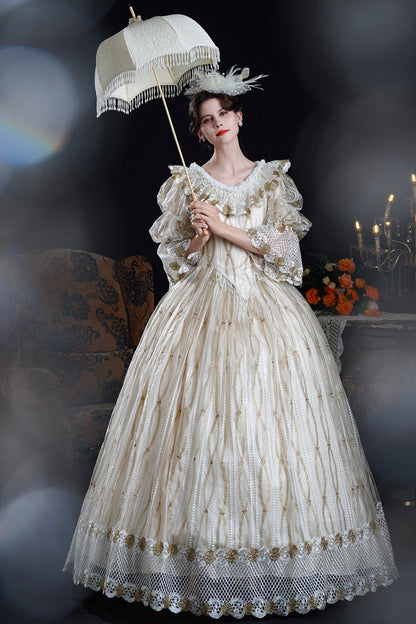Champagne Long Puff Sleeves Ruffled Cut-out Mesh Classic Palace Lolita Victorian Dress