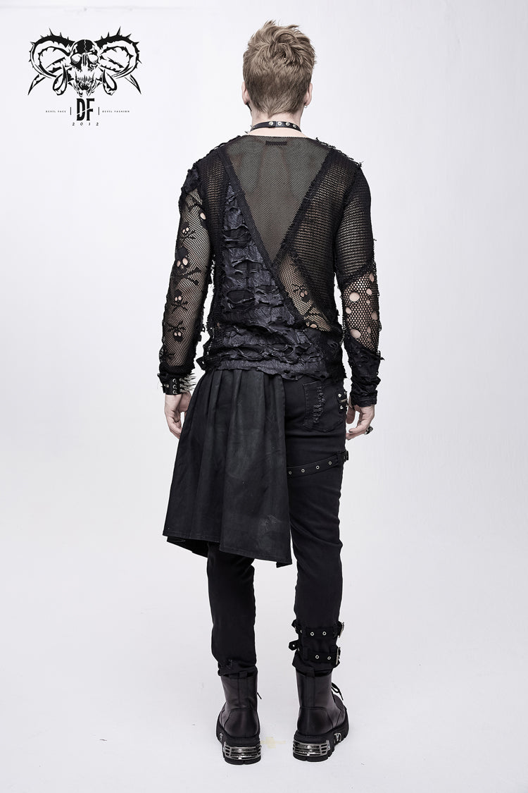 Black a Variety of Mesh Materials Stitching Unedged Broken Holes Round Collar Punk T-shirt
