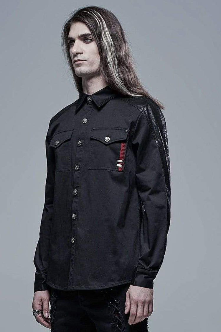 Black Punk Ribbon Decoration Front Metal Skull Button Spliced Shirt