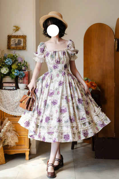 White [basket of the Forest] Square Collar Short Sleeves Little Grape Printed Ruffled Classic Lolita Dress