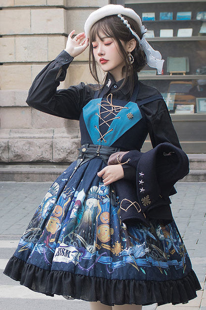 Dark Bule Sea of Abyss Japanese Style Ruffled Classic Lolita Jsk Dress